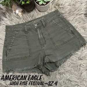 AE Hi Rise Festival-Stretch-Sz 4-Olive Green-Raw Hem